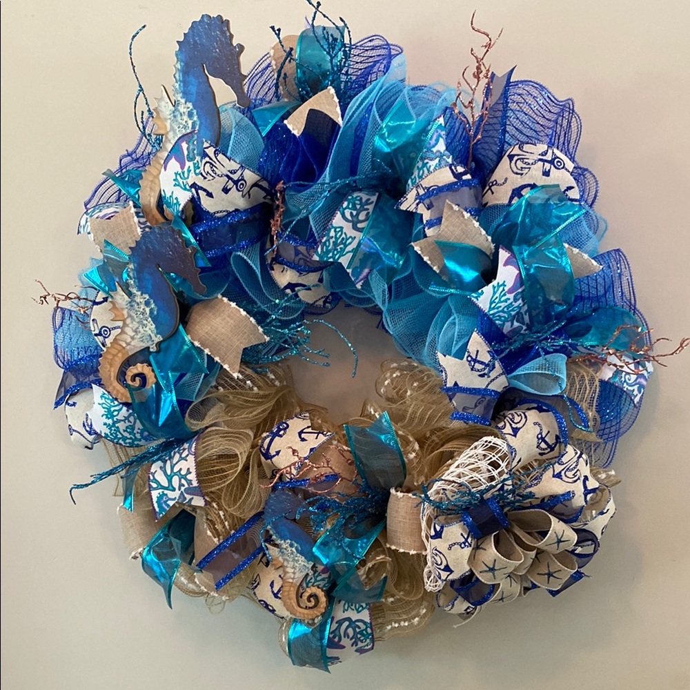 Seahorse trio Blue and Tan Nautical Wreath